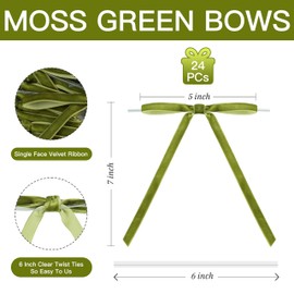 LIZLOVESS Moss Green Velvet Ribbon Christmas Bow 5 x 7 Inches Premade Green Bows for Christmas Tree Hanging Decorations Gift Wrapping Wreaths Crafts Outdoor Indoor Home Decor Wedding, Pack of 24