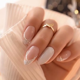 French fake nails, 24pcs press on fake nails,Glossy Fake Nails with Glue, Comfortable Fit Stick on Nails (Nude Pink, 1)