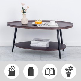 TDLEAYYD Oval Coffee Table, 2-Tier Coffee Table with Open Storage Shelf, 40" Modern Wood Center Table Tea Table for Living Room, Bedroom, Apartment, Dark Walnut