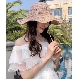 Straw Hat, Women's Hat, Spring, Summer, Wide Brim Hat, UV Protection, Sunburn Protection, Sea, Leisure, Beach, Foldable, Compact, Foldable, Compact Straw Hat (Pink)