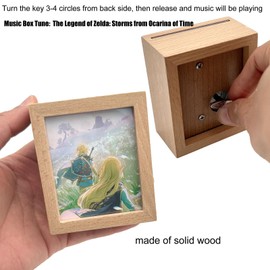 Pursuestar The Legend of Zelda Wind Up Music Box, Solid Wood Mini Photo Frame Musical Box Picture Holder for Tabletop or Desktop Display, Gift for Anime Fans Birthday Valentine's Day