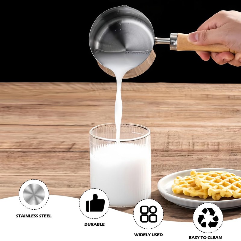 Stainless Steel Saucepan with Pour Spouts Wood Handle Cooking Pot