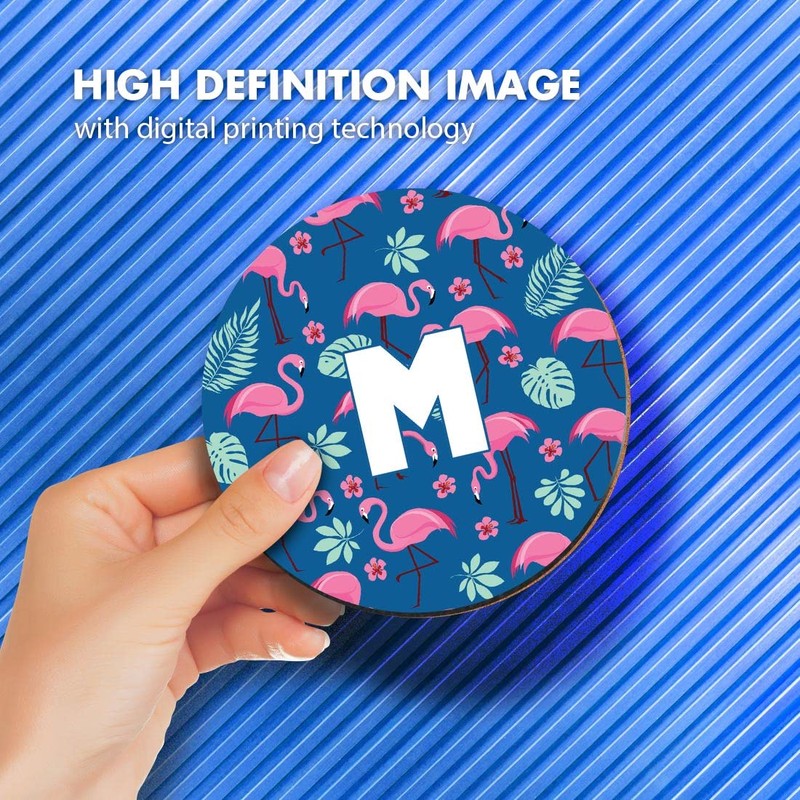 1 x Round Coaster - Letter M Tropical Flamingo Palm