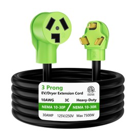 3 Prong Dryer Extension Cord 15 FT, NEMA 10-30P to NEMA 10-30R, STW, 10AWG, Heavy Duty Cord, for Dryer Power Extension and Level 2 EV Charging, 30Amp, 250V, 10-AWG Gauge, ETL Listed