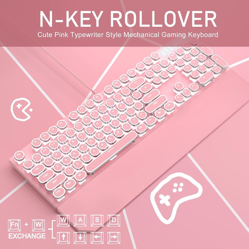 Camiysn Typewriter Style Mechanical Gaming Keyboard, Pink Retro Punk Gaming