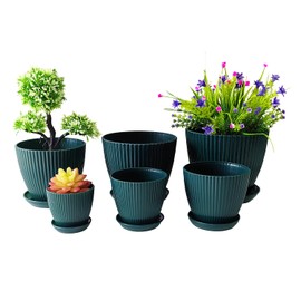 RooTrimmer RooTrimmer Plant Planters with Drainage Holes and Trays Pack of 6 Plant Pots Indoor and Outdoor Flowers Pots Different Size Plastic Pots, Dark Green