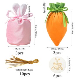 Xbessc Pack of 6 Easter Bags for Filling Easter Bags with Hanging Tag and Gold Thread Rabbit Carrot Easter Bags Made of Velvet Easter Gift Bags for Gift Packaging Easter Decoration Easter Eggs for