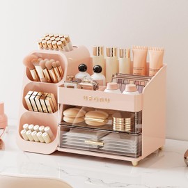 UFORU Makeup Organizer for Vanity with Brush Holder, Large Plastic Bathroom Countertop Skincare Organizer with 2 Drawers, Spacious Cosmetic Display Case for Perfumes, Eyeshadow Palettes, Nail Polishes