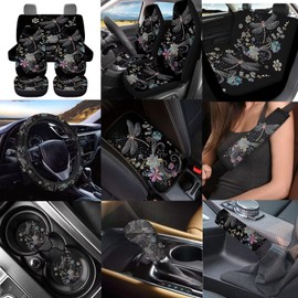 Renewold 12pcs Dragonfly Flower Car Seat Covers Set Front Back, Auto Steering Wheel, Center Console, Seat Belt, Gear Shift Knob, Handbrake Covers, Coasters - Automobile Interior Sets