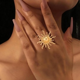 Cybche Punk Celestial Sun Ring Gold Sun Finger Ring Adjustable Sunburst Rings Sunshine Statement Rings Large Sunburst Jewelry for Women