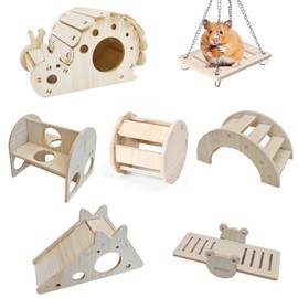 7pcs Hamster Toys Wooden Cage Accessories Include Snail House, Bell Toy, Seesaw Bridge, Slide House, Bridge,Dodge Toy, Swing and Exercise Toys for Hamster, Guinea Pig and Other Small Animals