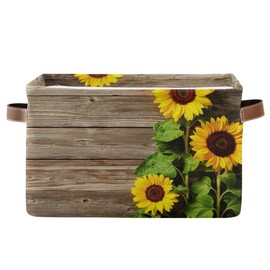 Vintage Sunflower Wooden Storage Basket Bins Large Fabric Storage Cube Box with Handles Collapsible Closet Shelf Cloth Organizer Baskets for Shelves Nursery Bedroom Bathroom Laundry Room Decor