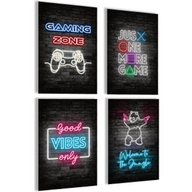 mojoliving Gaming Room Decoration Pictures Poster Wall for Gamers Teenager's Room Set with Neon Sign Motifs Cool Gifts for Gamers Gamer Pictures Wall Neon Wall Picture