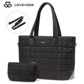 LOVEVOOK Mothers' Day 15.6'' and 17.3'' Laptop Tote Puffer Bag for Women, Spring Glow Up Large Puffy Shoulder Bag for Work, Lightweight Quilted Travel Tote Bags for College, Work, and Everyday Use, Nylon Crossbody Bag with Clutch Purse.:_Coffee Brown_L