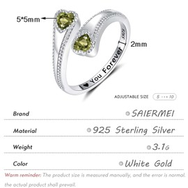 SAIERMEI Adjustable August Birthstone Ring for Teens & Women - 925 Sterling Silver Peridot Olive Heart Promise Ring, Thoughtful Jewelry Gift for Mom, Daughter, or Loved Ones Birthday