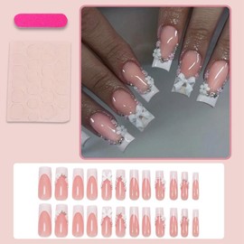 White French Tips Press on Nails Medium Square Fake Nails with Bow Charm Design 3D Flower Rhinestone Stick on Nails Nude Pink Glue on Nails Glossy Summer False Nails for Women Girls Manicure 24Pcs
