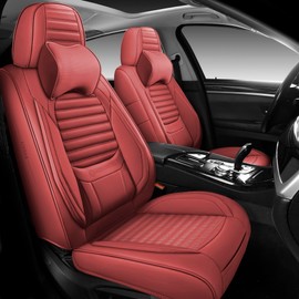 GEEYONTEK Car Seat Covers Front Set, Leather Seat Covers Front and Rear 2pcs Seats with Headrest Pillow, Airbag Compatible, Universal Seat Protectors Suitable for Most SUV Trucks Pick-up (Wine Red)