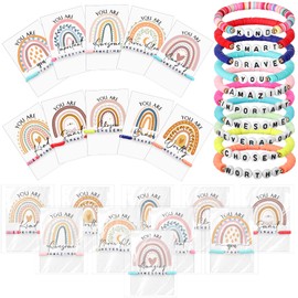 Landical 20 Set Back to School Student Gifts from Teachers Motivational Bracelets Clay Beaded Rainbow Bracelet Inspirational Quotes Card Bulk Camp Gifts for Students First Day of School Employee