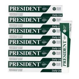 President Set of 6 Classic Toothbrushes for Everyday Use - Anti Plaque, Caries, Refreshing, Anti-Halitosis, With Herbal Extracts of Melissa, Sage, Chamomile. RDA 50. 6 x 75ml