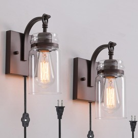 winsmart Plug in Wall Sconces Set of 2, Oil Rubbed Bronze Sconces Wall Lighting Fixtures with Clear Glass Indoor Farmhouse Wall Lamp for Bedroom Living Room