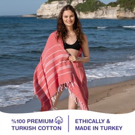 PADISHAHHOME Turkish Beach Towels, Pack of 2 | Oversized, Quick Dry, Sand Free | 100% Cotton, Large 38x71 Towels for Beach, Pool, Travel | Ultra-Soft, Compact, and Absorbent | Red