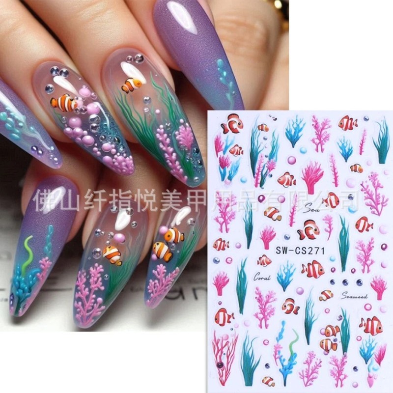 Unbranded 2Pcs Set Nail Stickers Clownfish Seaweed Starfish Ocean Peel