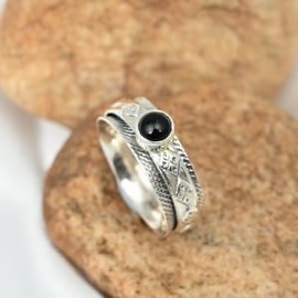 JEWELSTREZORO Onyx Edelstein Spinnerring 925 Sterling Silber Meditationsring Männer & Frauen Spinnerring Geschenkartikel Schmuck TSR150G_50 (15.9)