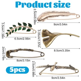 5Pcs Extra Large Safety Pins Alloy Vintage Chic Brooches Safety Pins for Women 5 Styles Heavy Duty Ginkgo Leaf Brooch Pins for Clothing Sweaters Shawls Collars Scarf Blankets Crafts