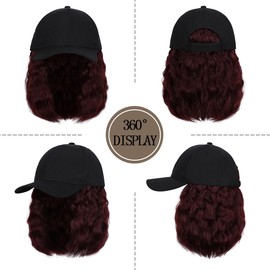 Qlenkay Baseball Cap with Hair Extensions 14inch Wavy Curly Bob Hairstyle Adjustable Wig Hat Attached Synthetic Hairpiece for Woman Grape Red