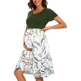 WOOXIO WOOXIO Women's Short Sleeve Maternity Dress Patchwork Pregnancy Clothes with Pockets Medium,Army Green-Leaf White