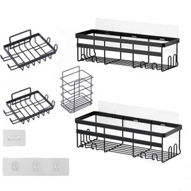 hatisan Shower Caddy Bathroom Shelves, 5 Pack Shower Shelves Bathroom Organizer No Drilling Adhesive Shower Wall Shelves Rustproof Stainless Steel Storage Shower Rac (B/Black)