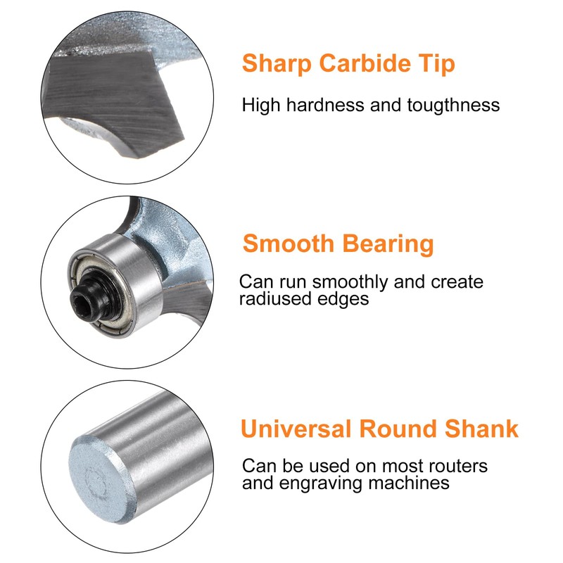 sourcing map 2pcs Roundover Router Bit 1/4 Shank 3/16" Radius