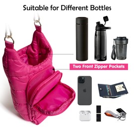 JSLOOO Puffer Quilted Crossbody Water Bottle Carrier Bag with Adjustable Strap Crossbody Water Bottle Holder with Pocket