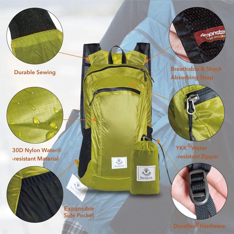 4Monster Hiking Daypack,Water Resistant Lightweight Packable Backpack for Travel Camping