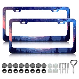 Starry Sky Mountain Forest License Plate Frames - 2 Pack Night Sky Anime Stainless Steel License Plate Holder,Rust-Proof Waterproof Car Decorative Tag Frame with Screws Fasteners Caps
