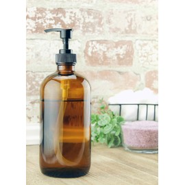 16-Ounce Amber Glass Bottles w/ Pump Dispensers (2-Pack); Refillable Lotion Liquid Soap Pump Brown Bottles + Chalk Labels & Lids, BPA-Free Plastic Tops; Also for Hand Care