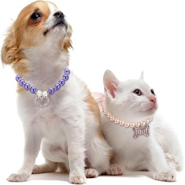 2 Pack Pink Pearl Dog Collars for Small Dogs,Bling Pearl Puppy Collar Necklace Female Rhinestone Beaded Pearl Cat Collar Girls Crystal Pretty Diamond Jewel for XS Small Medium Kitten,S
