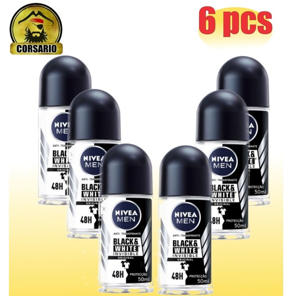 PACK X6 -NIVEA MEN Black & White  DEODORANT ROLL-ON 50ML Plastic Bottle