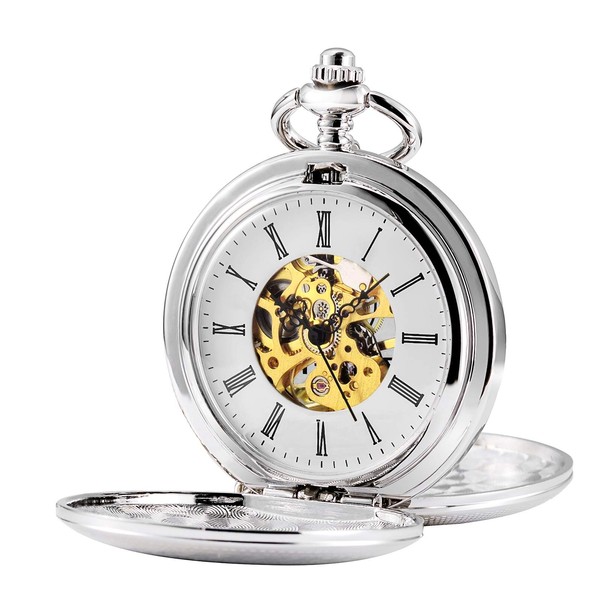 TREEWETO Unisex Taschenuhr mit Kette Analog Handaufzug Retro Doppelabdeckungen Skelett