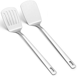 Heanvmyss 2 x stainless steel spatulas, stainless steel spatulas, metal spatula with slot, solid spatula for fish, eggs, pancakes (silver)