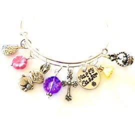 Easter Bangle, Easter Charm Bracelet, Pewter Charms, Bunny Bangle, Easter Basket, Christian Cross,"Happy Easter" Stamp, Flower Bangle, Adjustable Silver