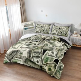 Merryword 8 Pieces Bed in a Bag Money Comforter Set California King Size Dollar Bill Comforter Set Gold Coins Bedding Set with 1 Comforter, 4 Pillowcases, 1 Flat Sheet, 1 Fitted Sheet, 1 Cushion Cover