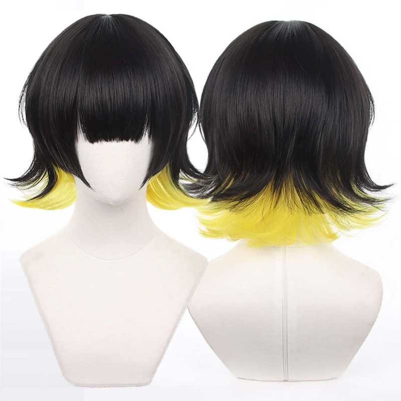 Servelove Character Cosplay wig for Anime Black Yellow short Unisex