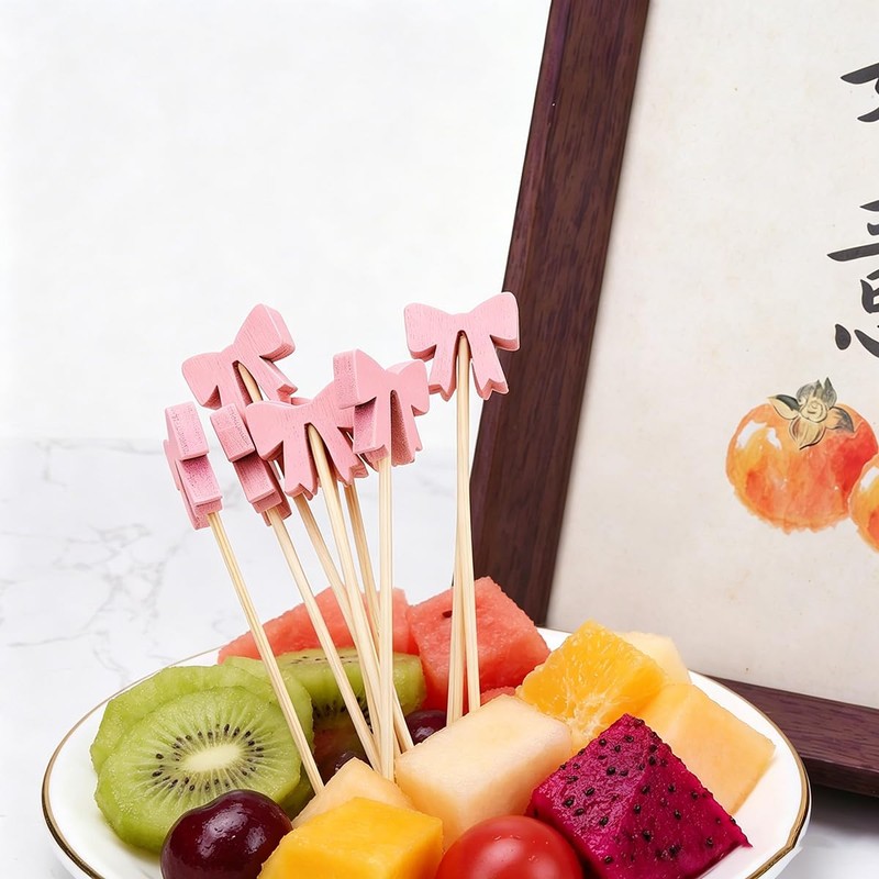 100 Pack Easter Cocktail Toothpicks for Appetizers Natural Bamboo Bow