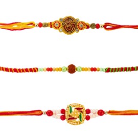 Raksha Bandhan Set of 3 Rakhi for Brother with Greeting Card and Roli Chawal | Om Rakhi for Brother Bhaiya Bhabhi | Traditional Rudraksha Rakhi for Small Brother Sister