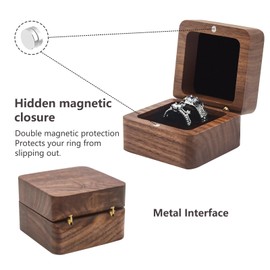 Wooden Ring Box for Wedding Ceremony 2 Slots,Small Square Solid Wood Double Ring Holder Case Box,Vintage Ring Bearer Box for Engagement Proposal,Rustic Jewelry Gift Storage Box-Black