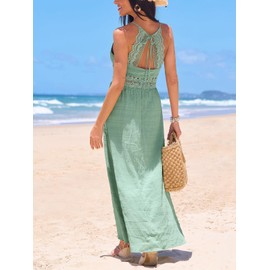 CUPSHE Women Backless Maxi Beach Summer Dress V Neck Lace Cutout Back Tie Spaghetti Strap Casual Wedding Guest Dresses, Mint Green L