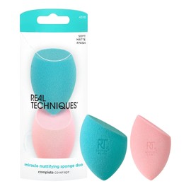 Real Techniques Miracle Mattifying - Esponja de maquillaje dúo, para acabado mate aerógrafo, cobertura media a completa, para base y esponjas de mezcla de belleza, azul y rosa, 2 unidades