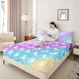Homemissing Unicorn Fitted Sheet Single Size For Kids Girls Teens Cute Unicorn Bedding Set Rainbow Gradient Pink Blue Bed Cover with 1 Pillowcase，No Flat Sheet