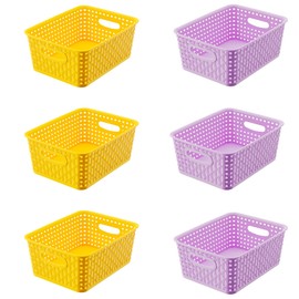 Small Plastic Baskets 6-Pack, Open Storage Weave Baskets Mixed Color, Versatile Shelf Organizer Woven Baskets for Home, Yellow/Purple 10x7.5x4 inch